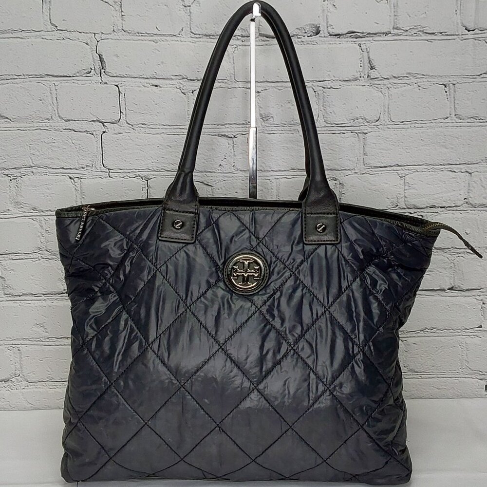 TORY BURCH TOTE BAG LEATHER & NYLON NAVY BLUE DOUBLE SHOULDER STRAPS - Picture 12 of 14
